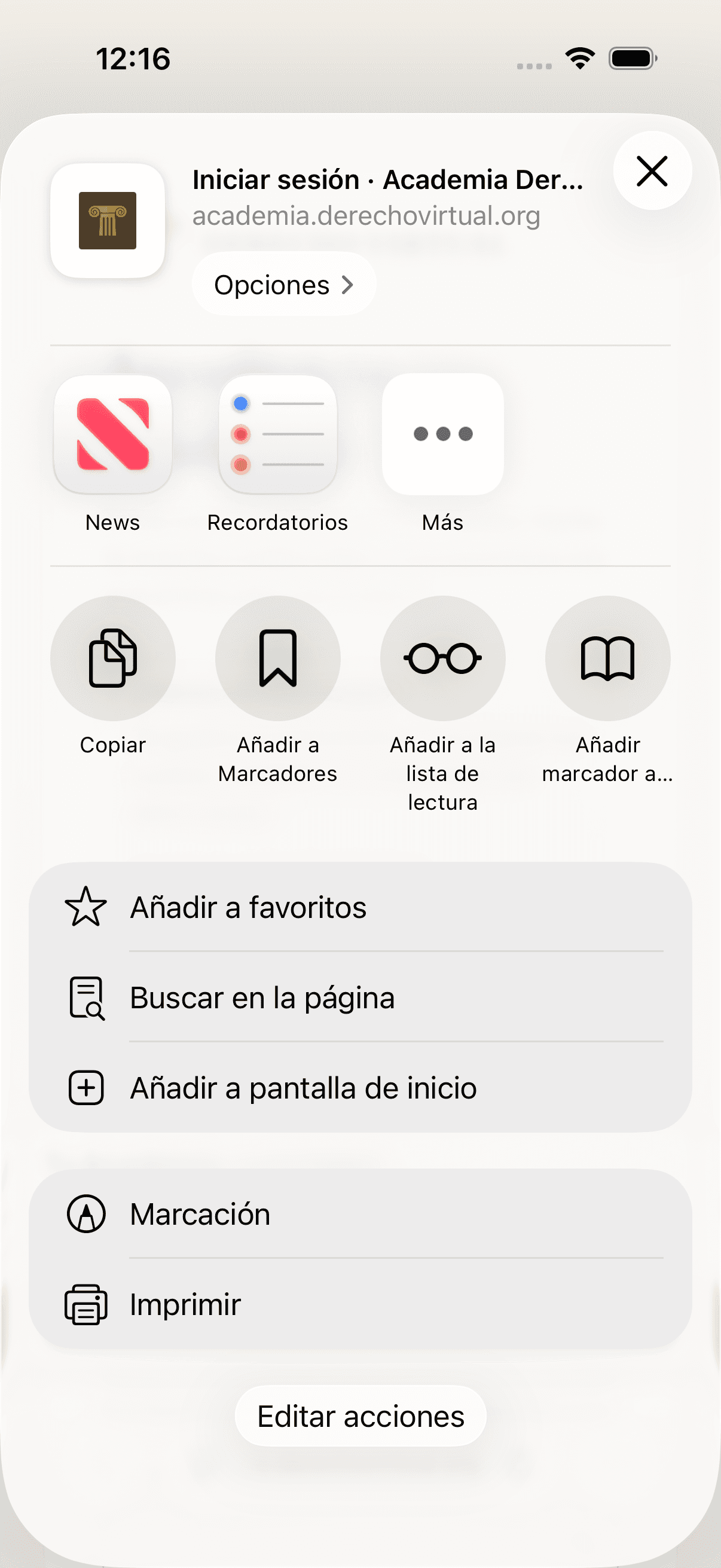 Academia en Safari: la lista de acciones muestra la opción Añadir a pantalla de inicio en español.