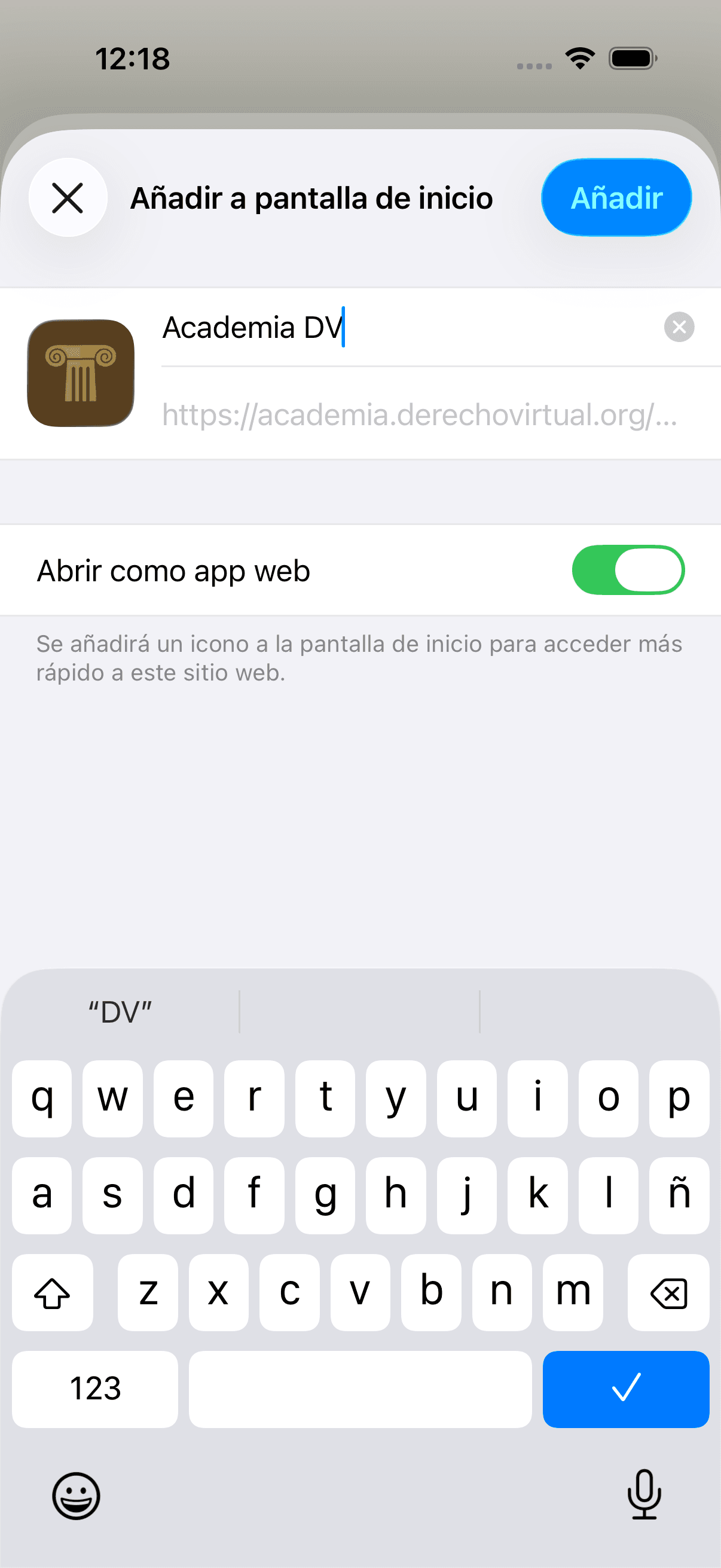Confirmación de Academia en iPhone: se muestran su icono, Abrir como app web y el botón Añadir.